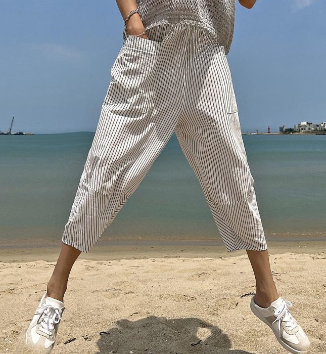 Forever Kids 正韓 韓國熱銷 休閒寬鬆 直條紋鬆緊腰 垮褲 八分褲【T67298】韓國代購