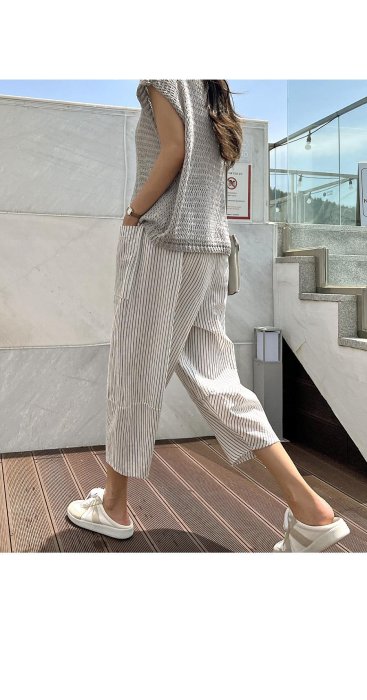 Forever Kids 正韓 韓國熱銷 休閒寬鬆 直條紋鬆緊腰 垮褲 八分褲【T67298】韓國代購