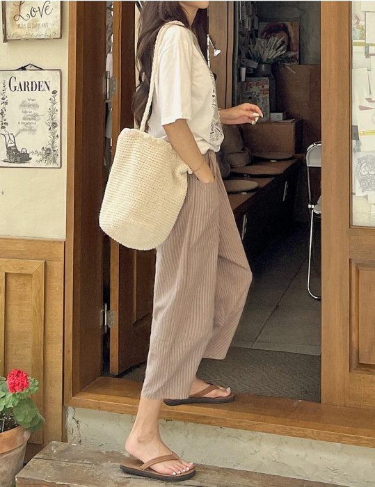 Forever Kids 正韓 韓國熱銷 休閒寬鬆 直條紋鬆緊腰 垮褲 八分褲【T67298】韓國代購