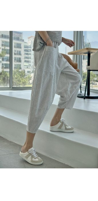 Forever Kids 正韓 韓國熱銷 休閒寬鬆 直條紋鬆緊腰 垮褲 八分褲【T67298】韓國代購