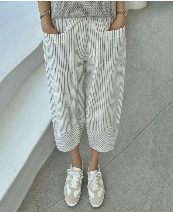 Forever Kids 正韓 韓國熱銷 休閒寬鬆 直條紋鬆緊腰 垮褲 八分褲【T67298】韓國代購