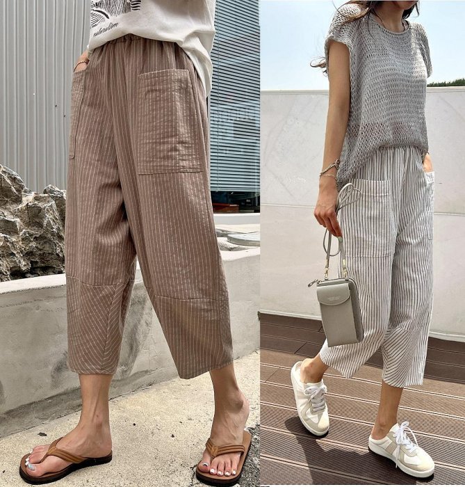 Forever Kids 正韓 韓國熱銷 休閒寬鬆 直條紋鬆緊腰 垮褲 八分褲【T67298】韓國代購