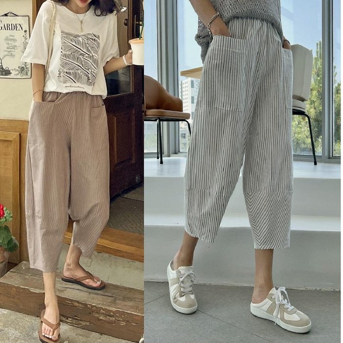 Forever Kids 正韓 韓國熱銷 休閒寬鬆 直條紋鬆緊腰 垮褲 八分褲【T67298】韓國代購