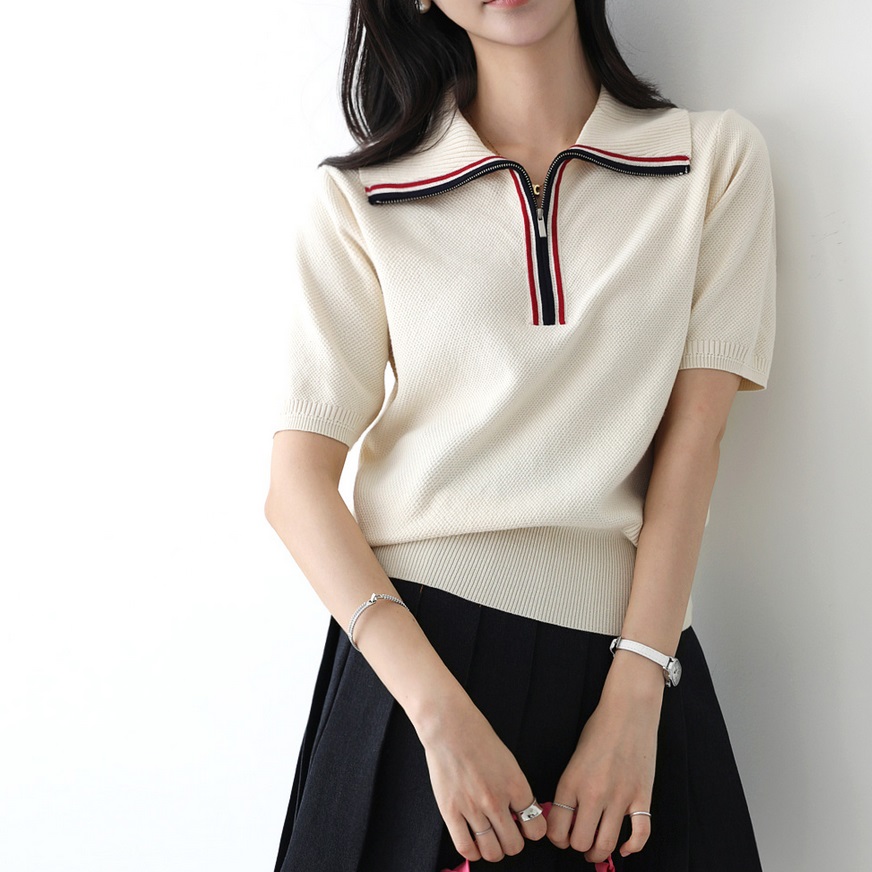 Forever Kids 正韓  配色俐落翻領針織上衣【J69368】 