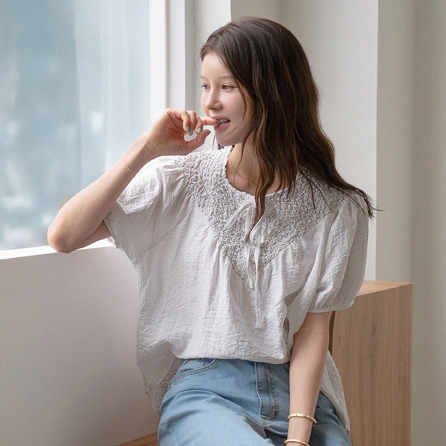 Forever Kids  正韓    唯美亞麻繫帶抽繩皺褶襯衫【A69301】