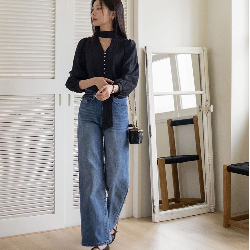 Forever Kids  正韓 防皺V領 領帶珍珠扣 環微抓褶袖襯衫【A69307】 