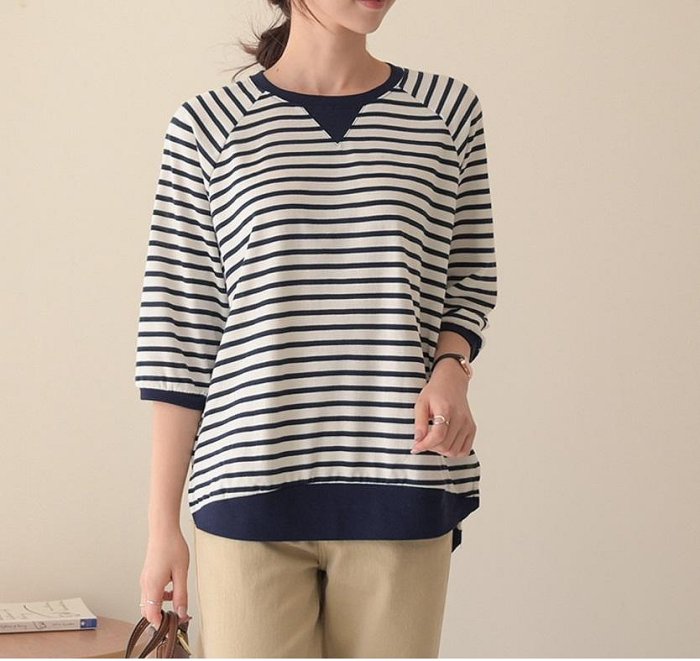 Forever Kids正韓 休閒倒三角條紋側開岔前短後長上衣【B50606】