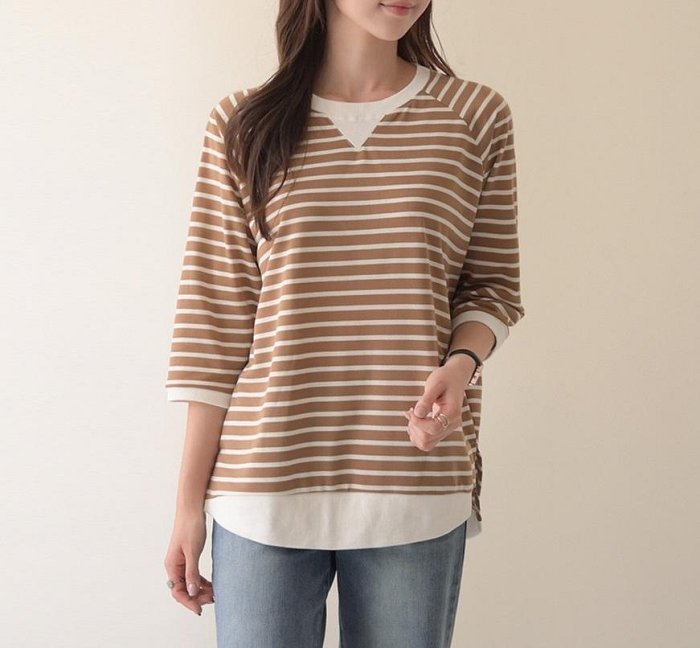 Forever Kids正韓 休閒倒三角條紋側開岔前短後長上衣【B50606】