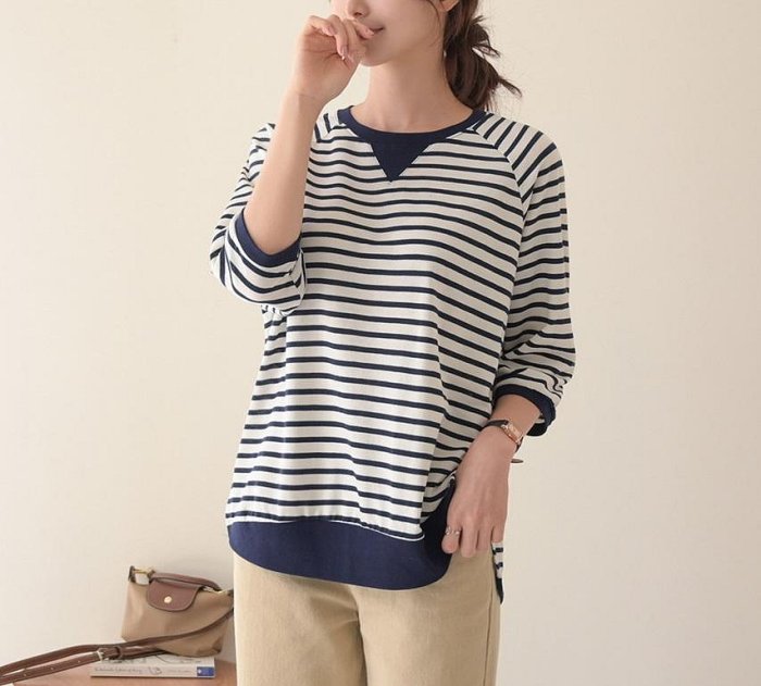 Forever Kids正韓 休閒倒三角條紋側開岔前短後長上衣【B50606】