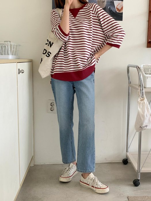 Forever Kids正韓 休閒倒三角條紋側開岔前短後長上衣【B50606】