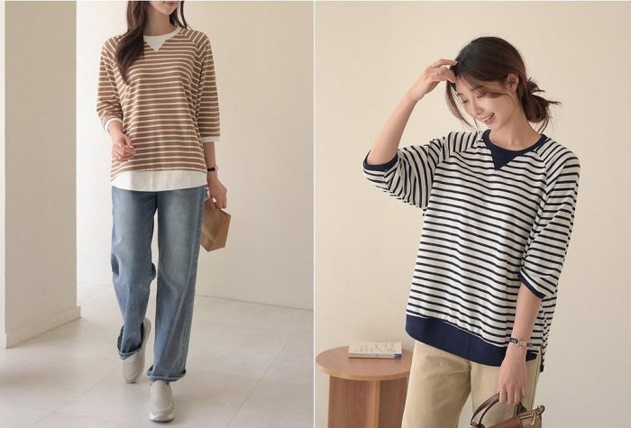 Forever Kids正韓 休閒倒三角條紋側開岔前短後長上衣【B50606】