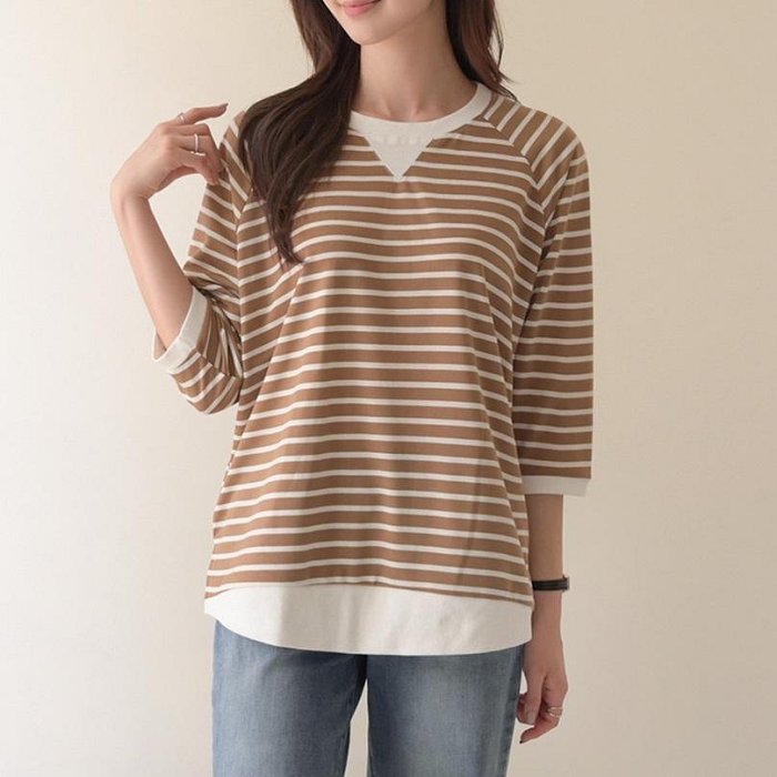 Forever Kids正韓 休閒倒三角條紋側開岔前短後長上衣【B50606】