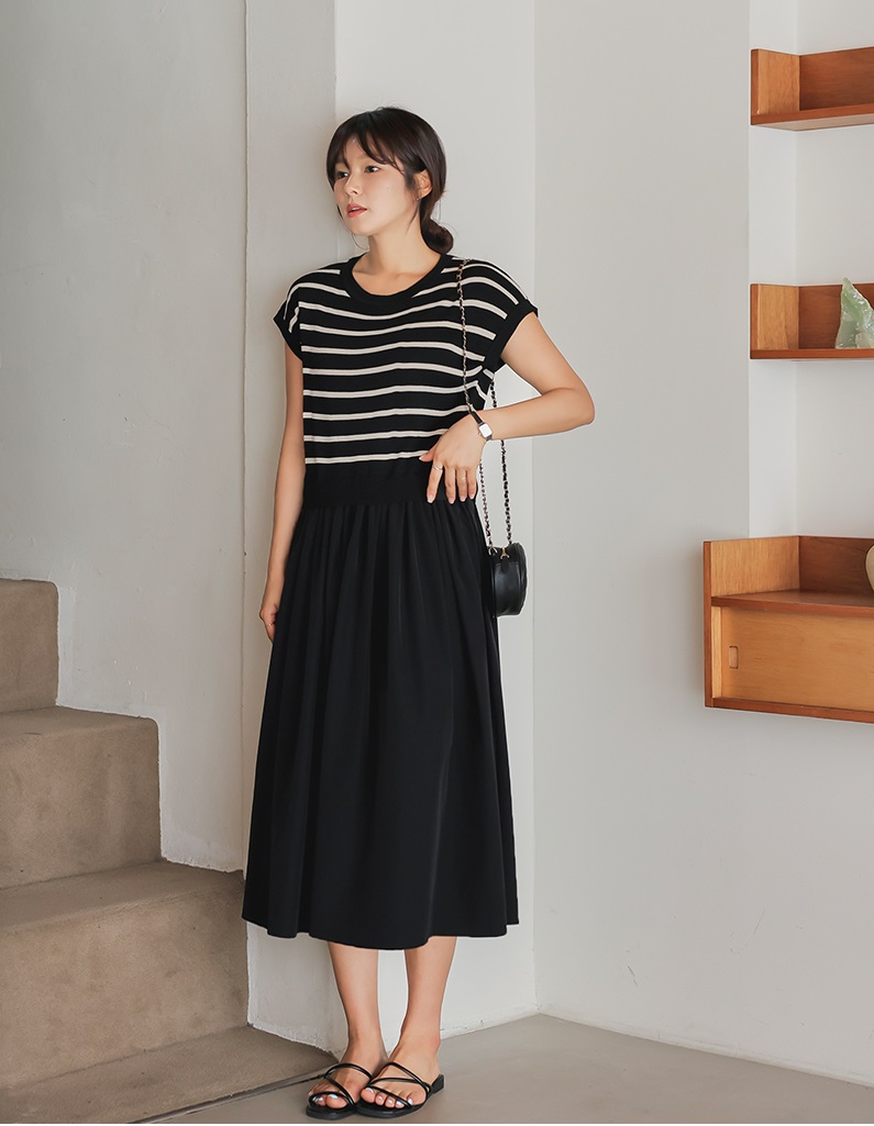 Forever Kids 正韓  條紋拼接連身裙 寬鬆長洋裝【B60309】