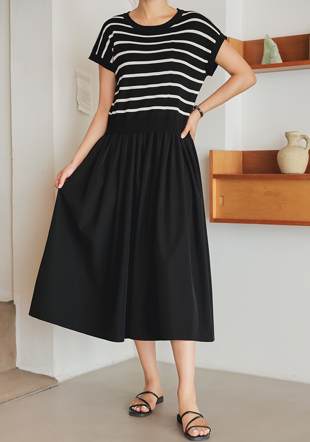 Forever Kids 正韓  條紋拼接連身裙 寬鬆長洋裝【B60309】