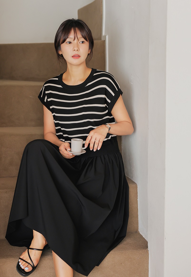 Forever Kids 正韓  條紋拼接連身裙 寬鬆長洋裝【B60309】