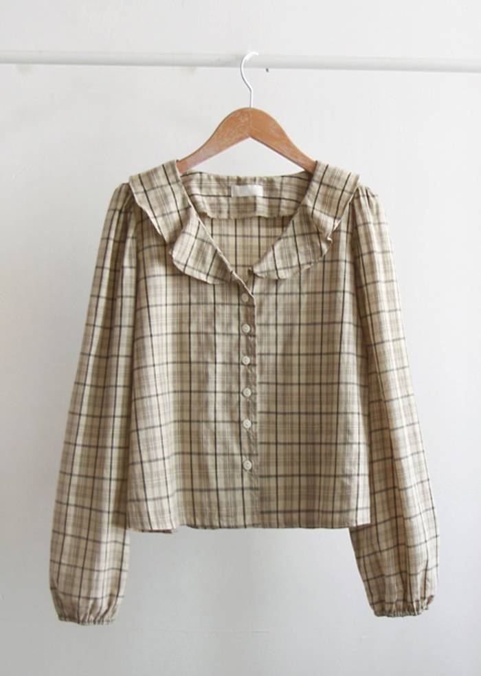 Forever Kids 正韓 荷葉格紋V領襯衫【DA60008】韓國代購