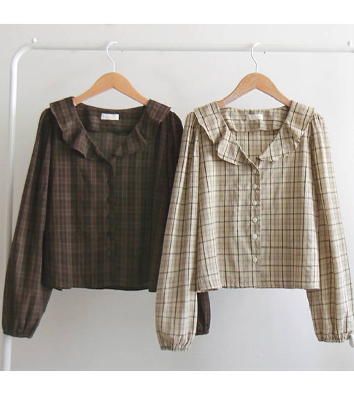 Forever Kids 正韓 荷葉格紋V領襯衫【DA60008】韓國代購