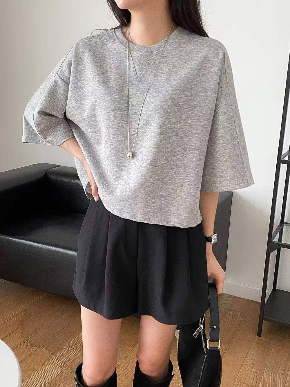 Forever Kids 正韓 落肩倒三角純棉七分袖T 上衣【DA60006】韓國代購