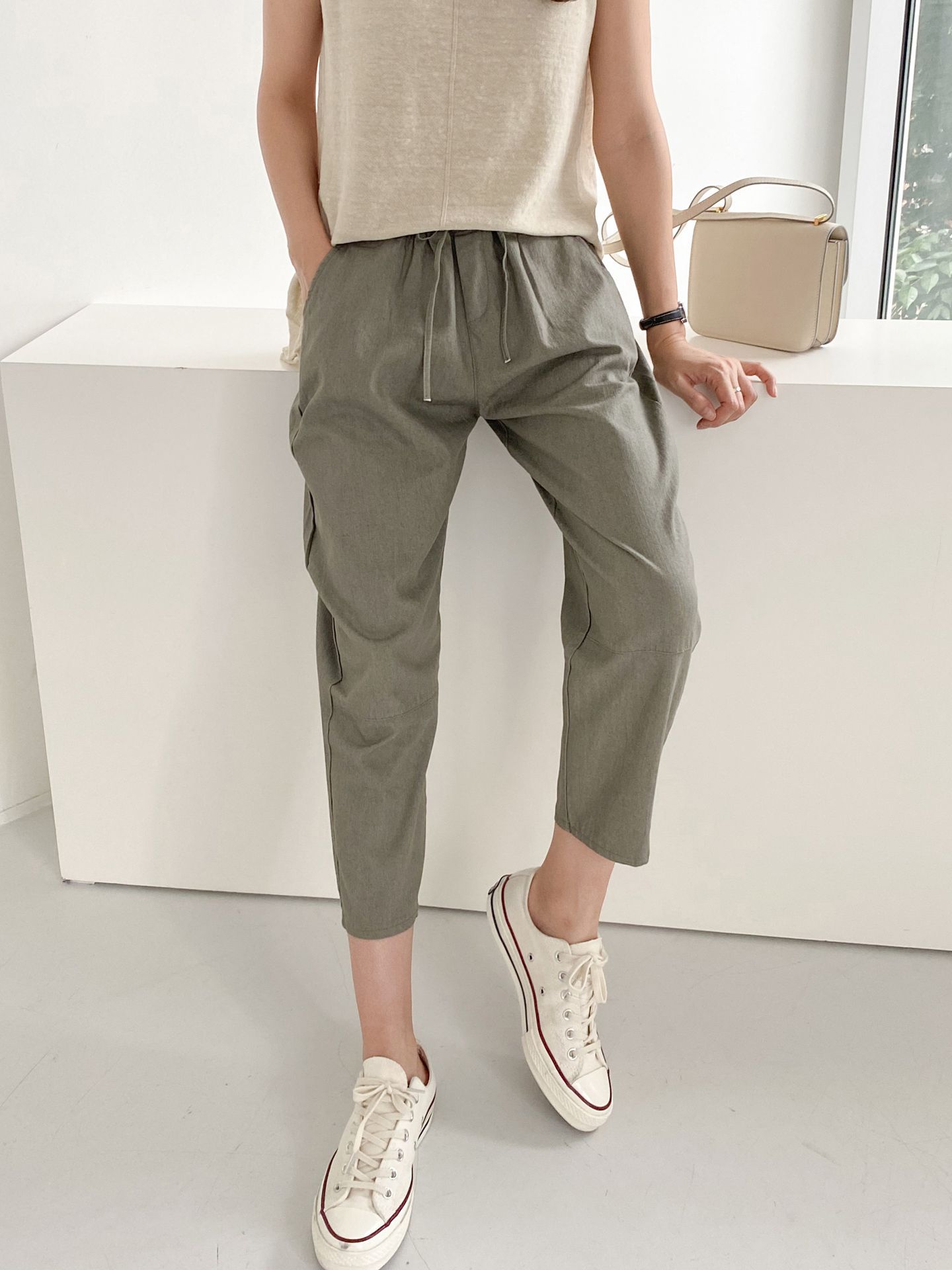 Forever Kids 正韓 車線切割抽繩錐形褲 鬆緊腰休閒褲【D60408】