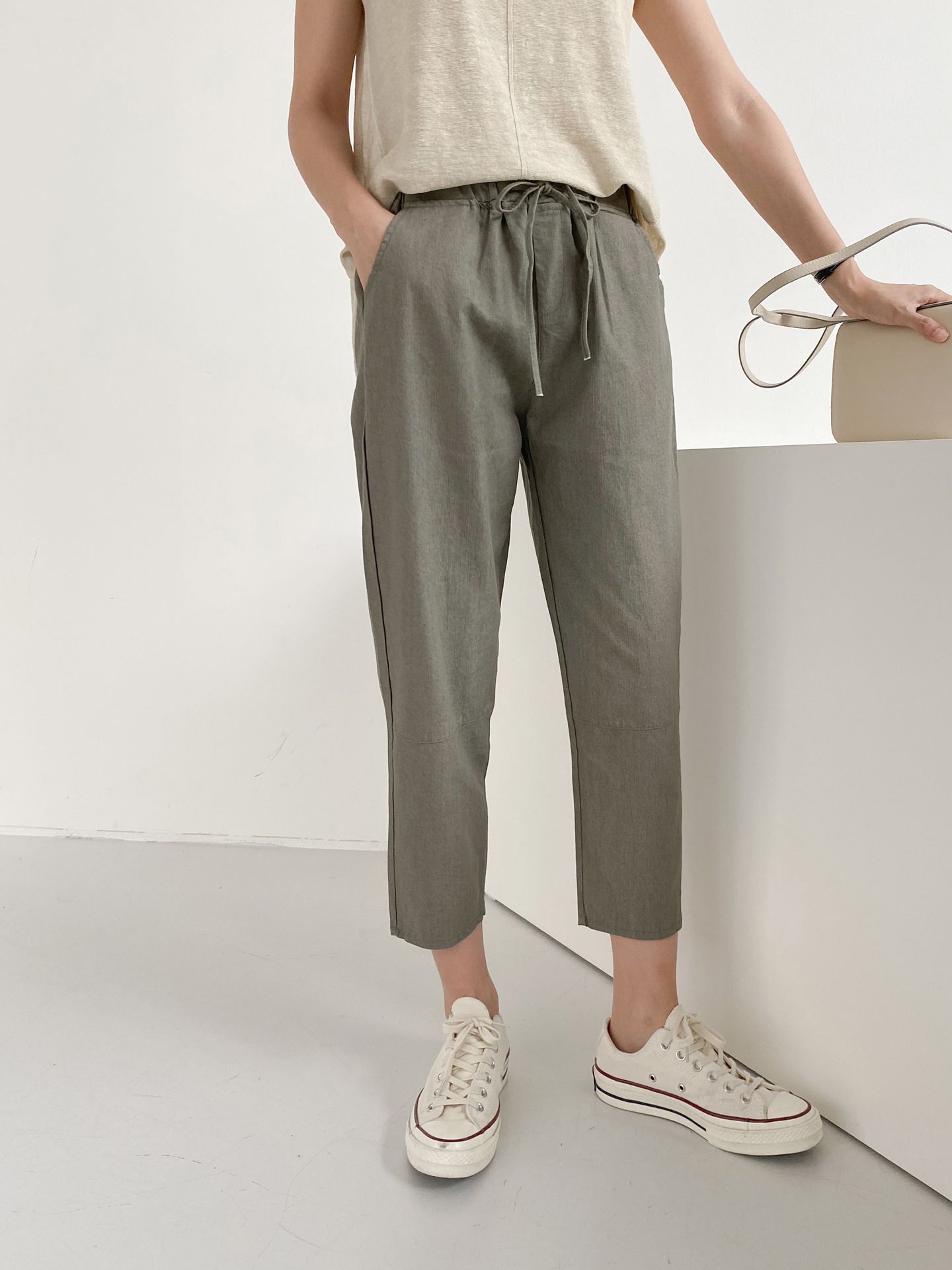 Forever Kids 正韓 車線切割抽繩錐形褲 鬆緊腰休閒褲【D60408】