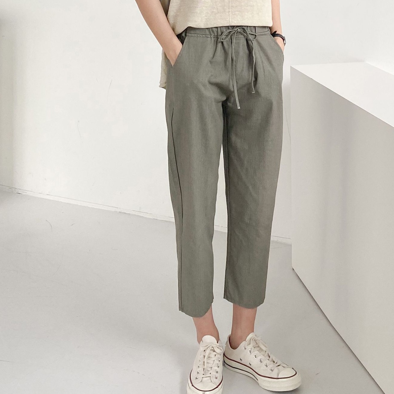 Forever Kids 正韓 車線切割抽繩錐形褲 鬆緊腰休閒褲【D60408】