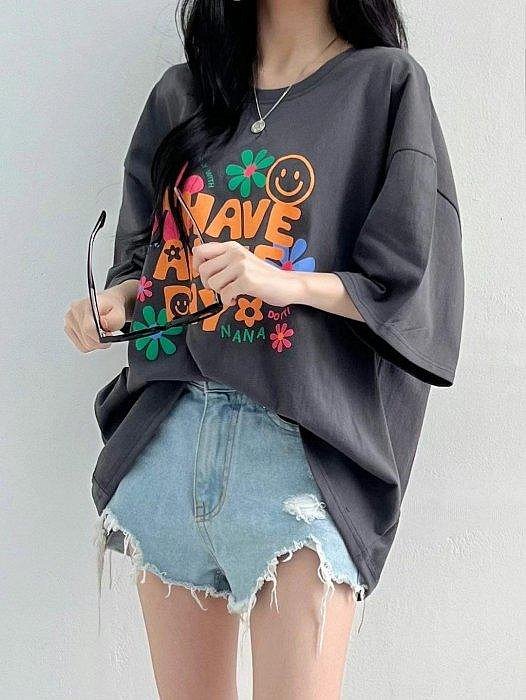 Forever Kids  正韓 彩色花朵寬鬆版 落肩休閒T【A55339】韓國代購