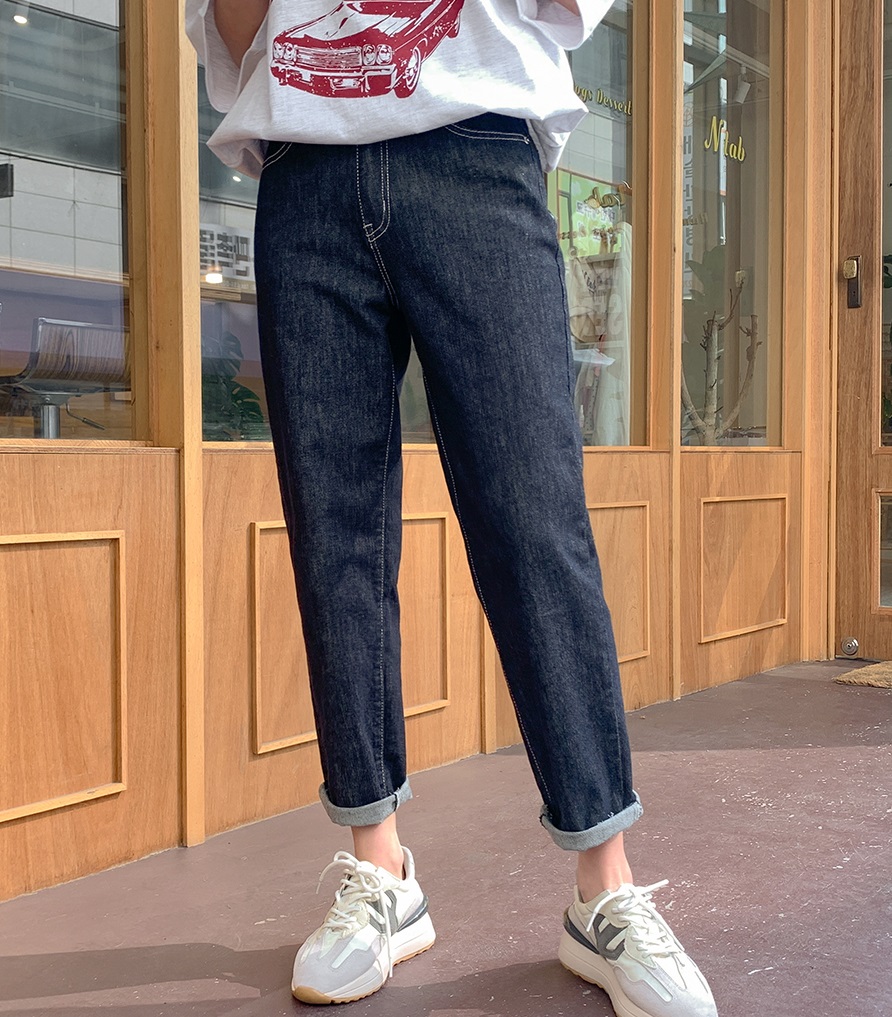 Forever Kids 正韓  不易退色深藍寬鬆 後鬆緊腰牛仔褲 號【H60502】