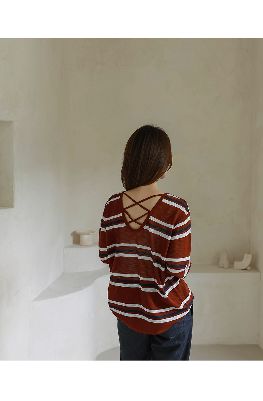 Forever Kids 正韓  配色條紋 後交叉設計針織上衣【H60503】 