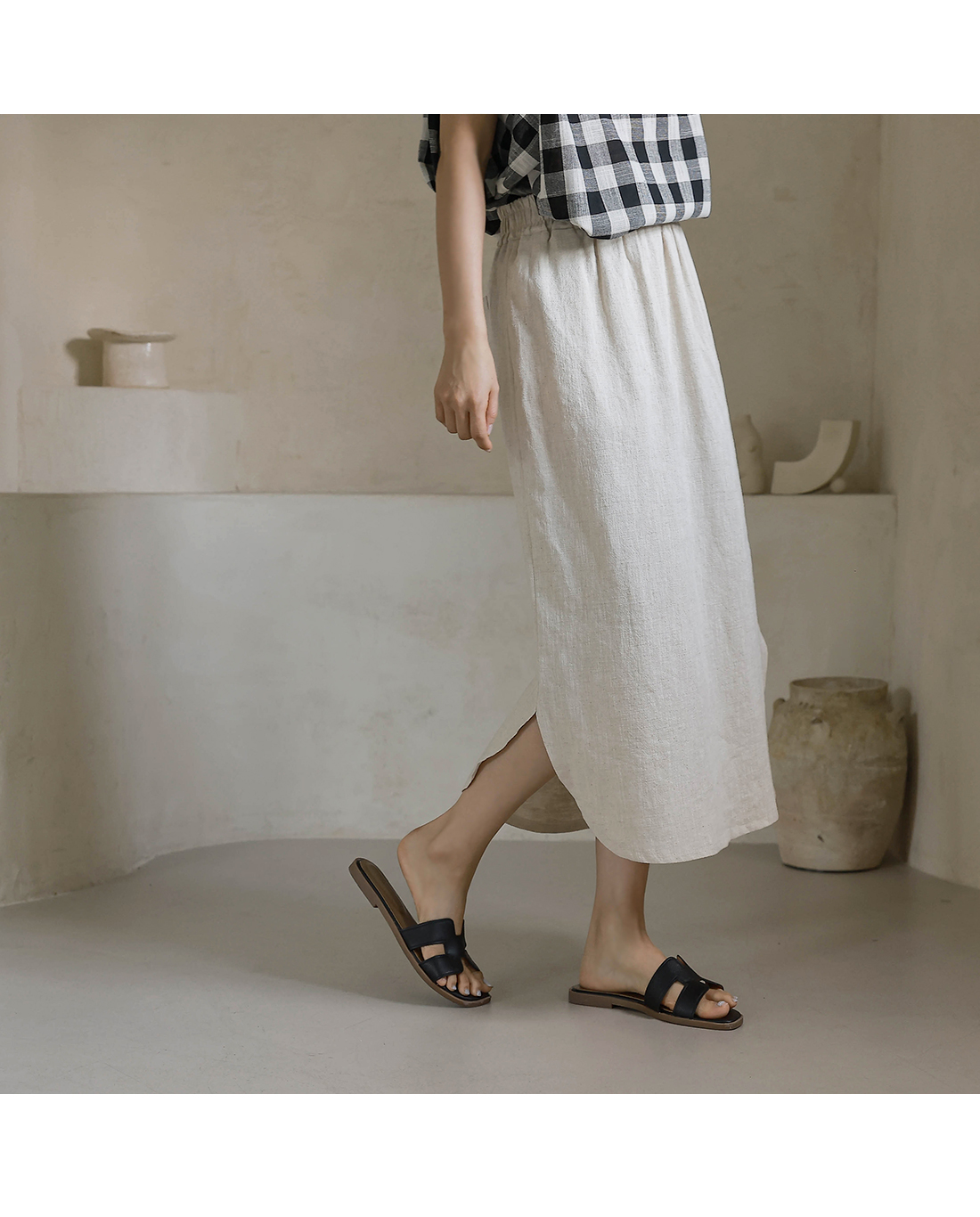 Forever Kids 正韓  亞麻鬆緊腰 休閒開岔長裙【H60506】 