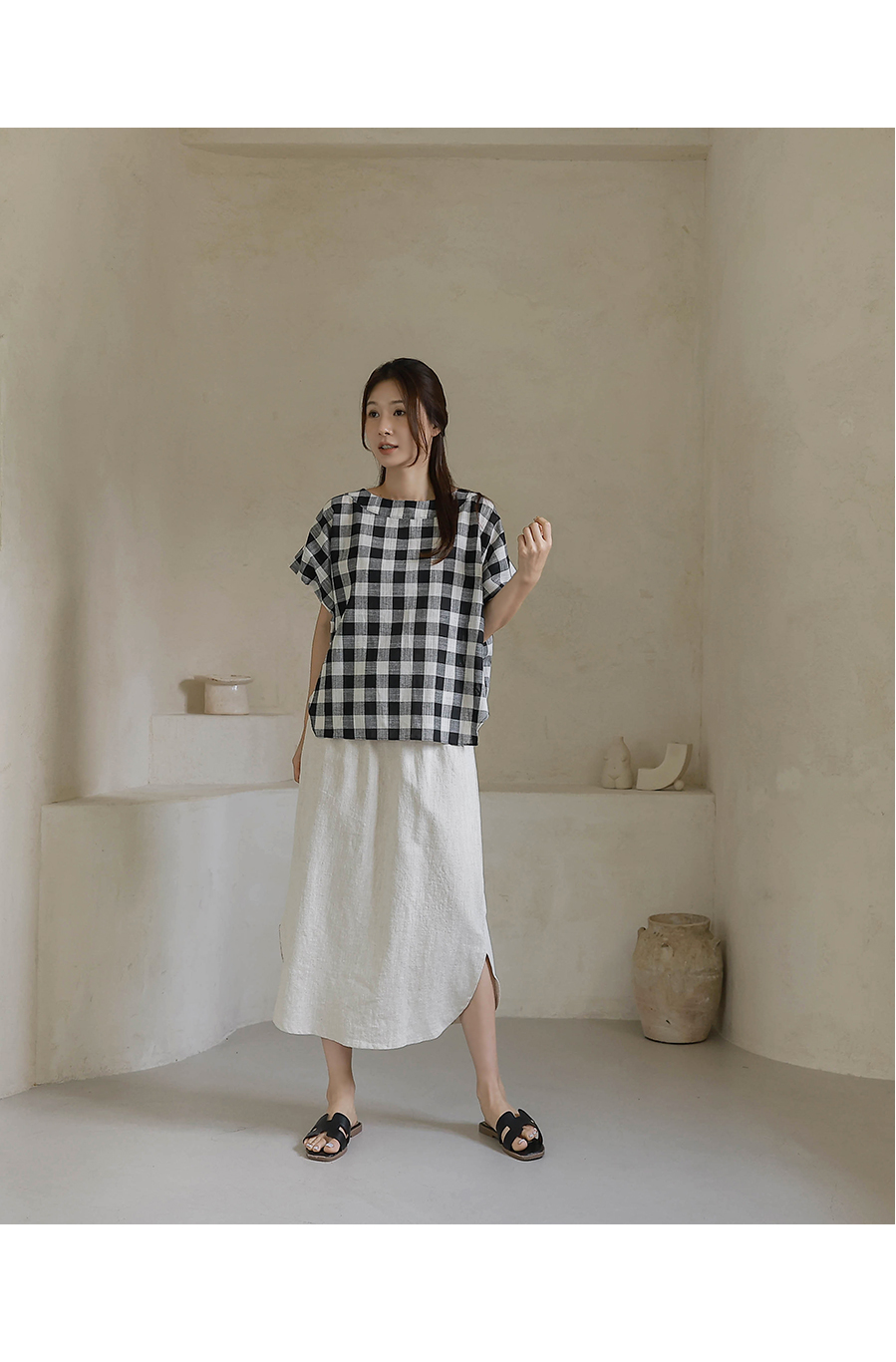 Forever Kids 正韓  亞麻鬆緊腰 休閒開岔長裙【H60506】 