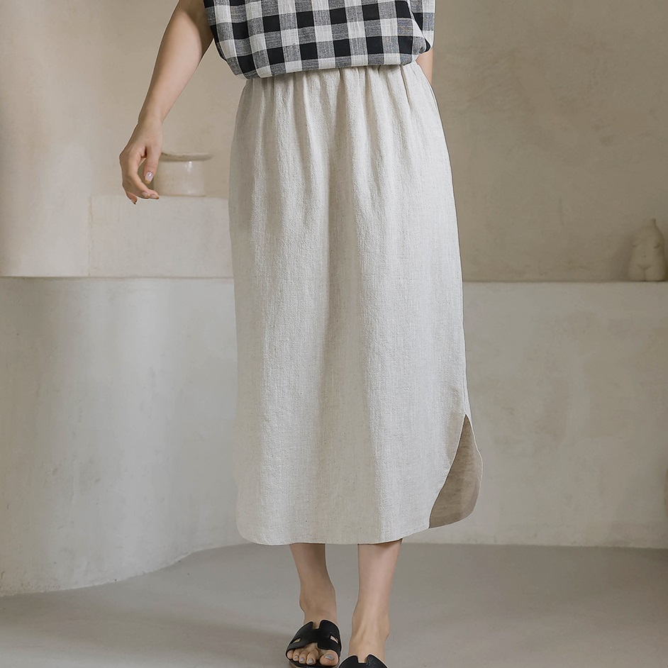 Forever Kids 正韓  亞麻鬆緊腰 休閒開岔長裙【H60506】 