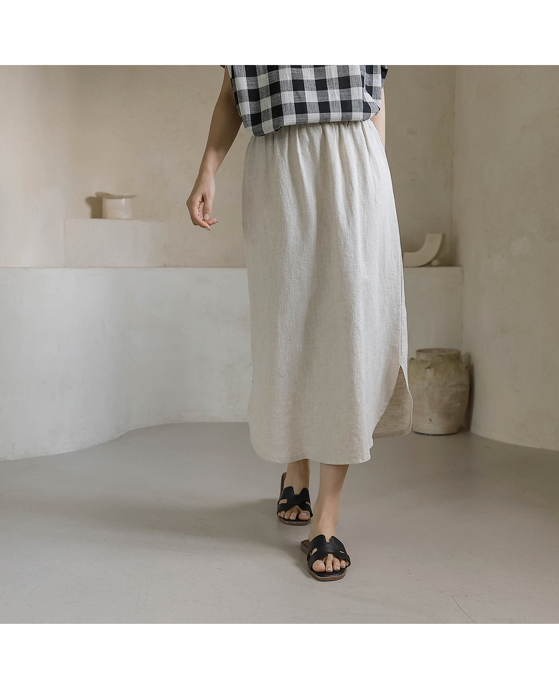 Forever Kids 正韓  亞麻鬆緊腰 休閒開岔長裙【H60506】 