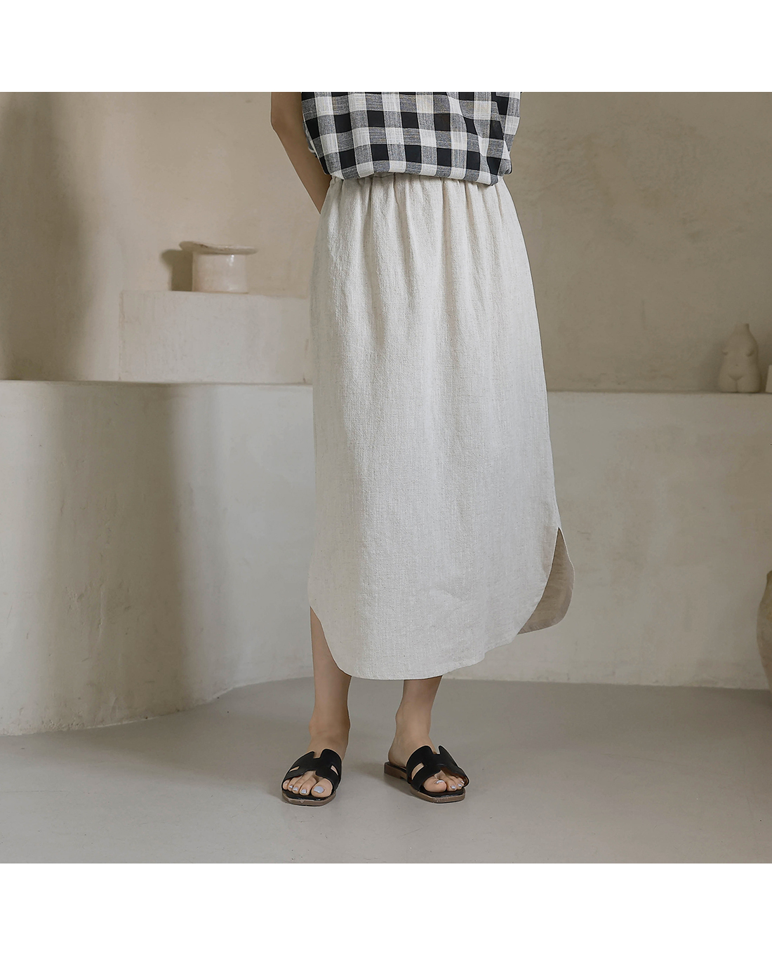 Forever Kids 正韓  亞麻鬆緊腰 休閒開岔長裙【H60506】 