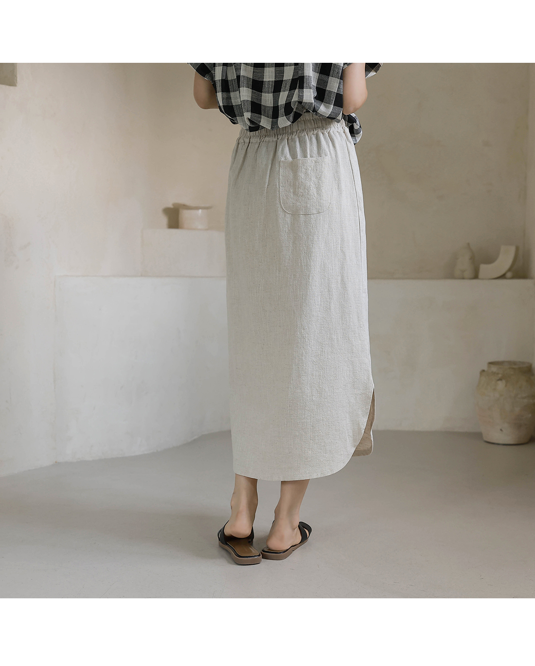Forever Kids 正韓  亞麻鬆緊腰 休閒開岔長裙【H60506】 