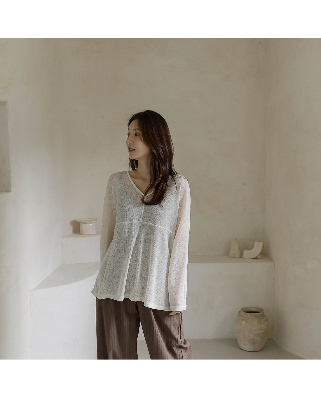 Forever Kids 正韓  亞麻鏤空 V 領針織衫【H60509】