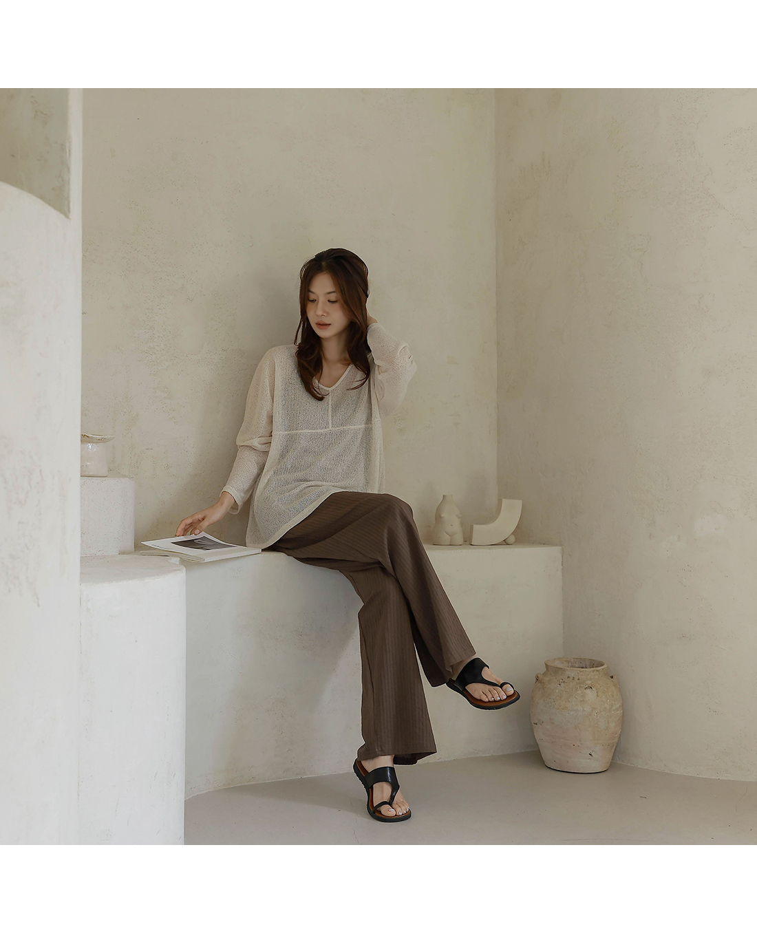 Forever Kids 正韓  亞麻鏤空 V 領針織衫【H60509】