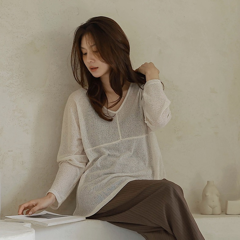 Forever Kids 正韓  亞麻鏤空 V 領針織衫【H60509】