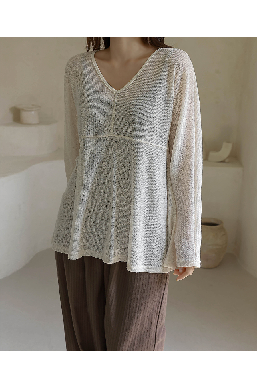 Forever Kids 正韓  亞麻鏤空 V 領針織衫【H60509】