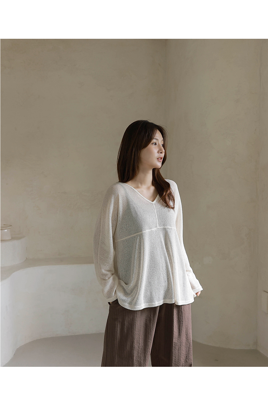 Forever Kids 正韓  亞麻鏤空 V 領針織衫【H60509】