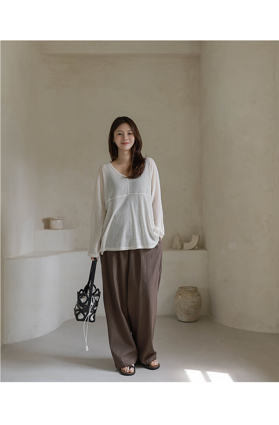 Forever Kids 正韓  亞麻鏤空 V 領針織衫【H60509】