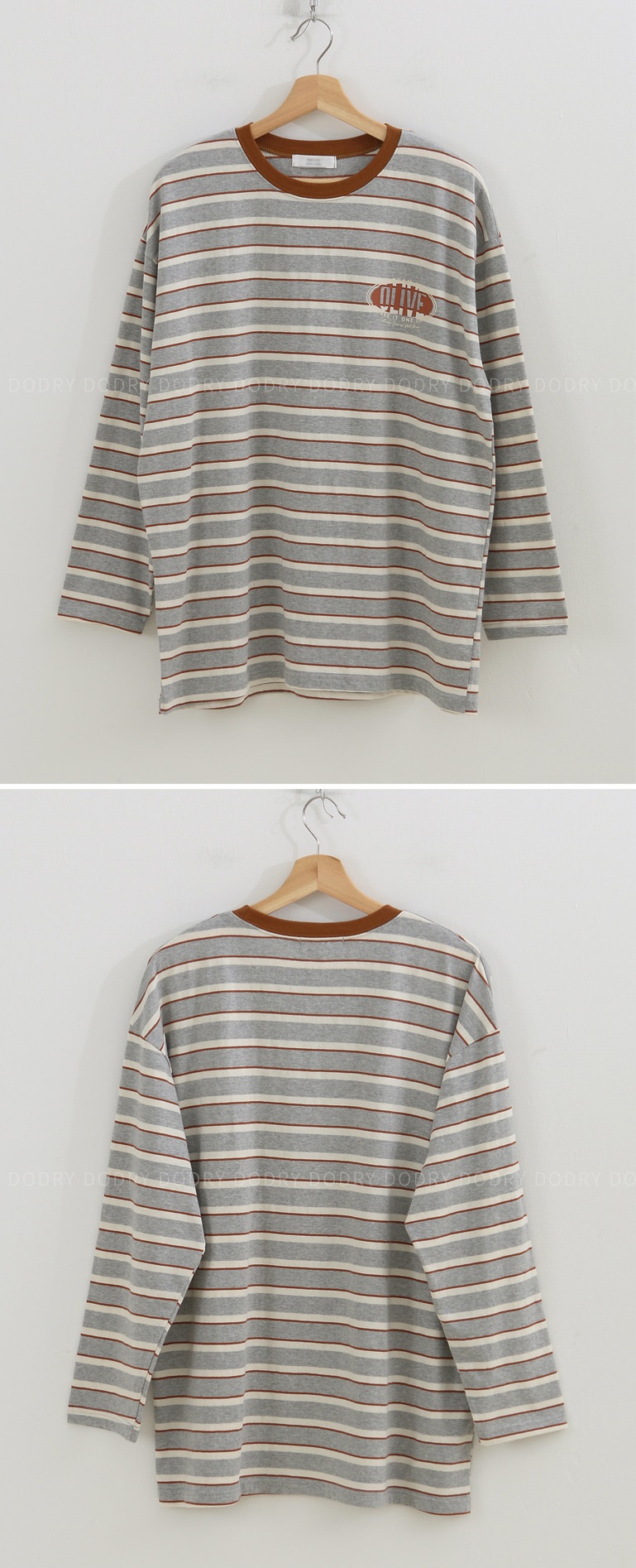 Forever Kids 正韓 字母點綴 配色條紋寬鬆長版T 上衣【A60378】韓國代購