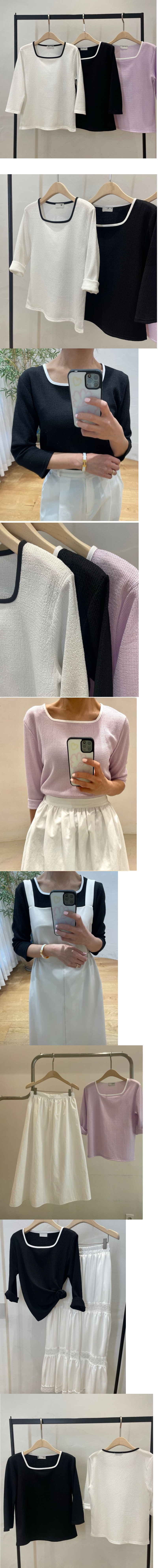 Forever Kids 正韓 好搭方領配色七分袖上衣【T62147】韓國代購