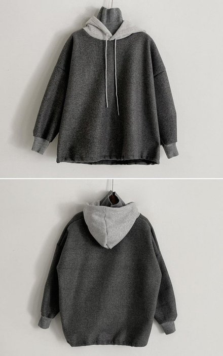 正韓 一套!有厚度 羊毛連帽螺紋高領保暖上衣+線條寬褲 套裝【A423362】 韓國代購