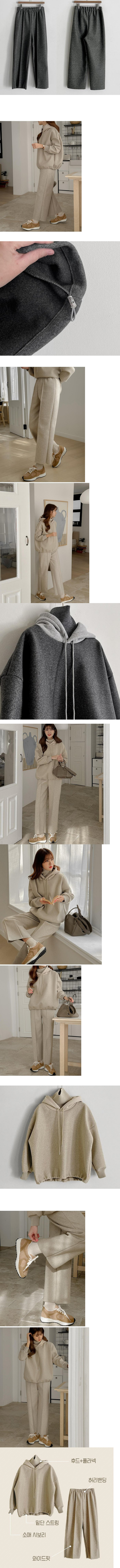 正韓 一套!有厚度 羊毛連帽螺紋高領保暖上衣+線條寬褲 套裝【A423362】 韓國代購