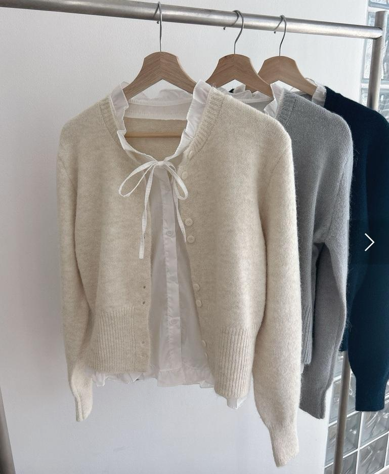 Forever Kids  正韓 一件就好看 拼接荷葉邊繫帶長袖開襟針織外套【DF62202】韓國代購