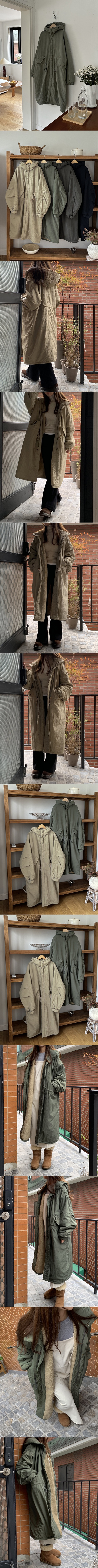 正韓 保暖有型 寬鬆連帽超長版內毛絨 防風軍外套長大衣【A622365】韓國代購