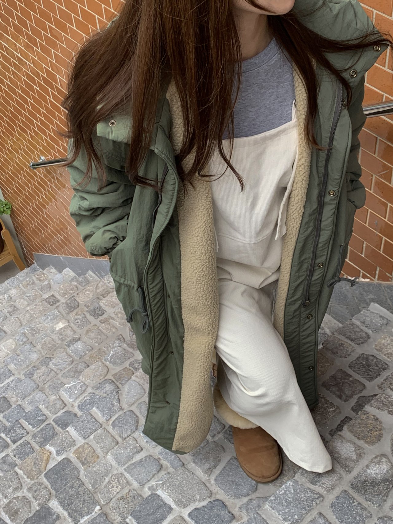 正韓 保暖有型 寬鬆連帽超長版內毛絨 防風軍外套長大衣【A622365】韓國代購