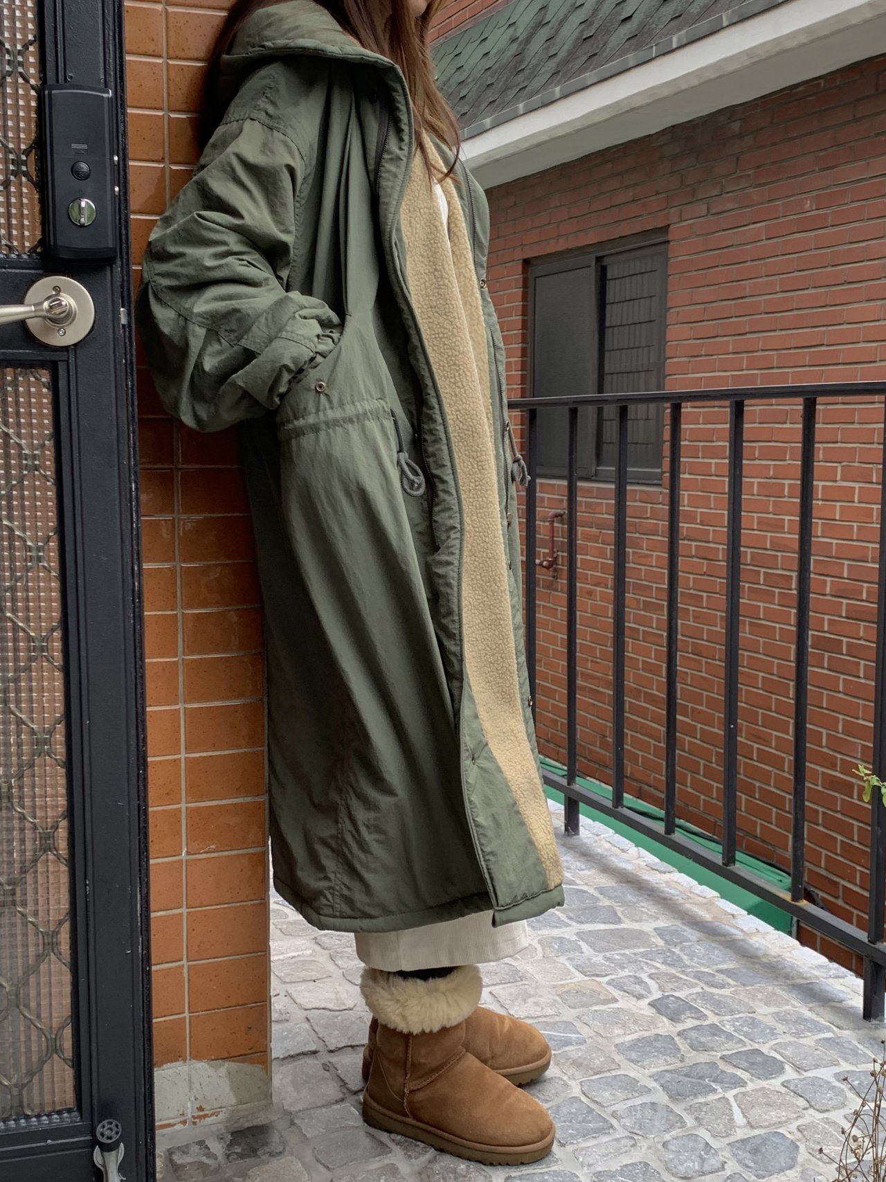 正韓 保暖有型 寬鬆連帽超長版內毛絨 防風軍外套長大衣【A622365】韓國代購