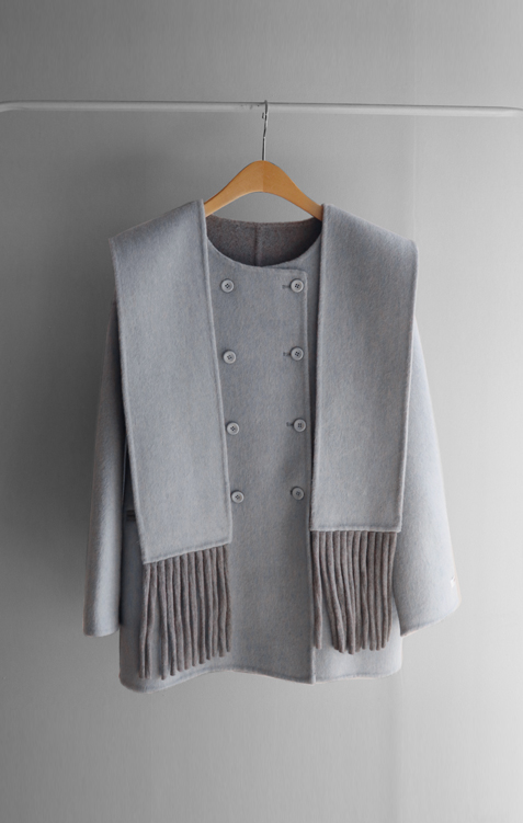 正韓 70%羊毛 手工羊毛外套+披肩連帽圍巾 長版圓領大衣外套【C622373】 