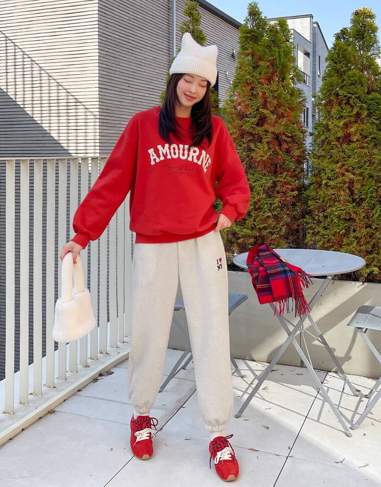 正韓 溫暖愛心刺繡 內刷毛縮口褲 休閒褲【C622376】 